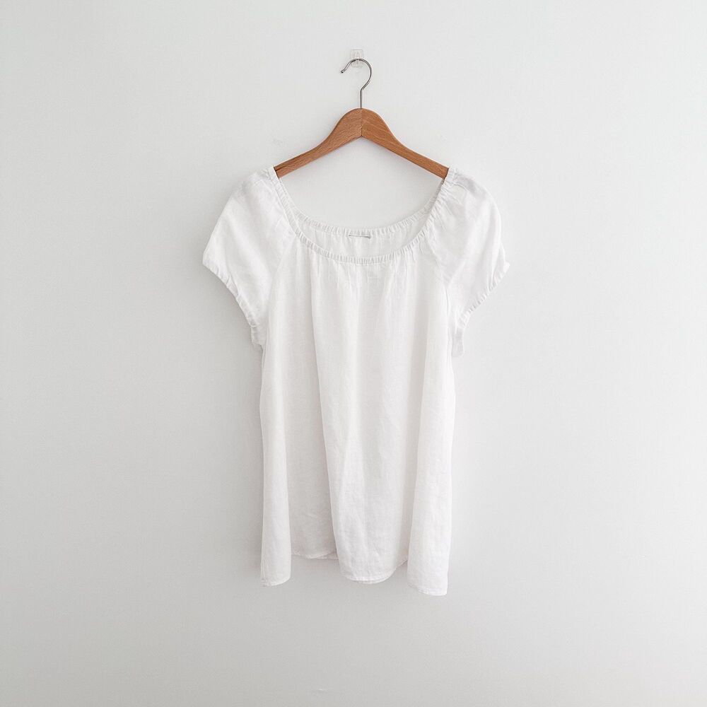 White 100% Linen Peasant Top Cottagecore Minimalist Pintucked Blouse Size Large